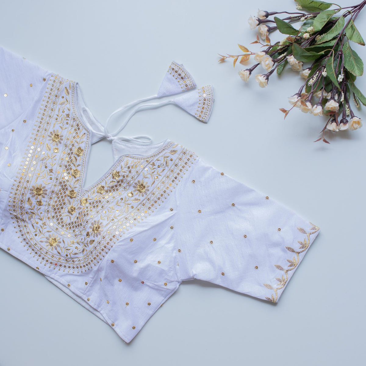 White Olive Silk Blouse with Golden Embroidery and Sequence Accents ClothsVilla Main image