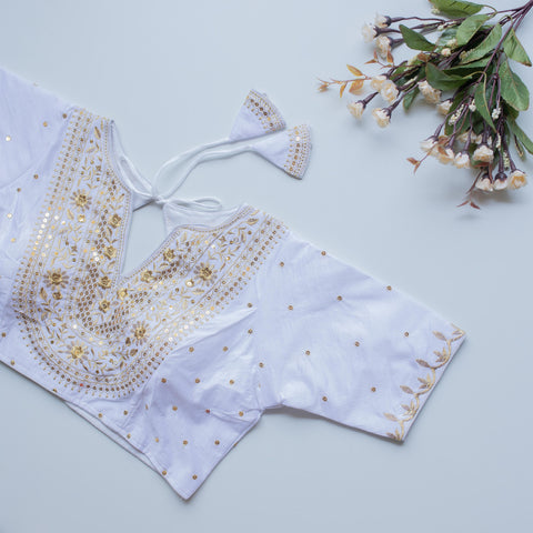 White Olive Silk Blouse with Golden Embroidery and Sequence Accents ClothsVilla Main image