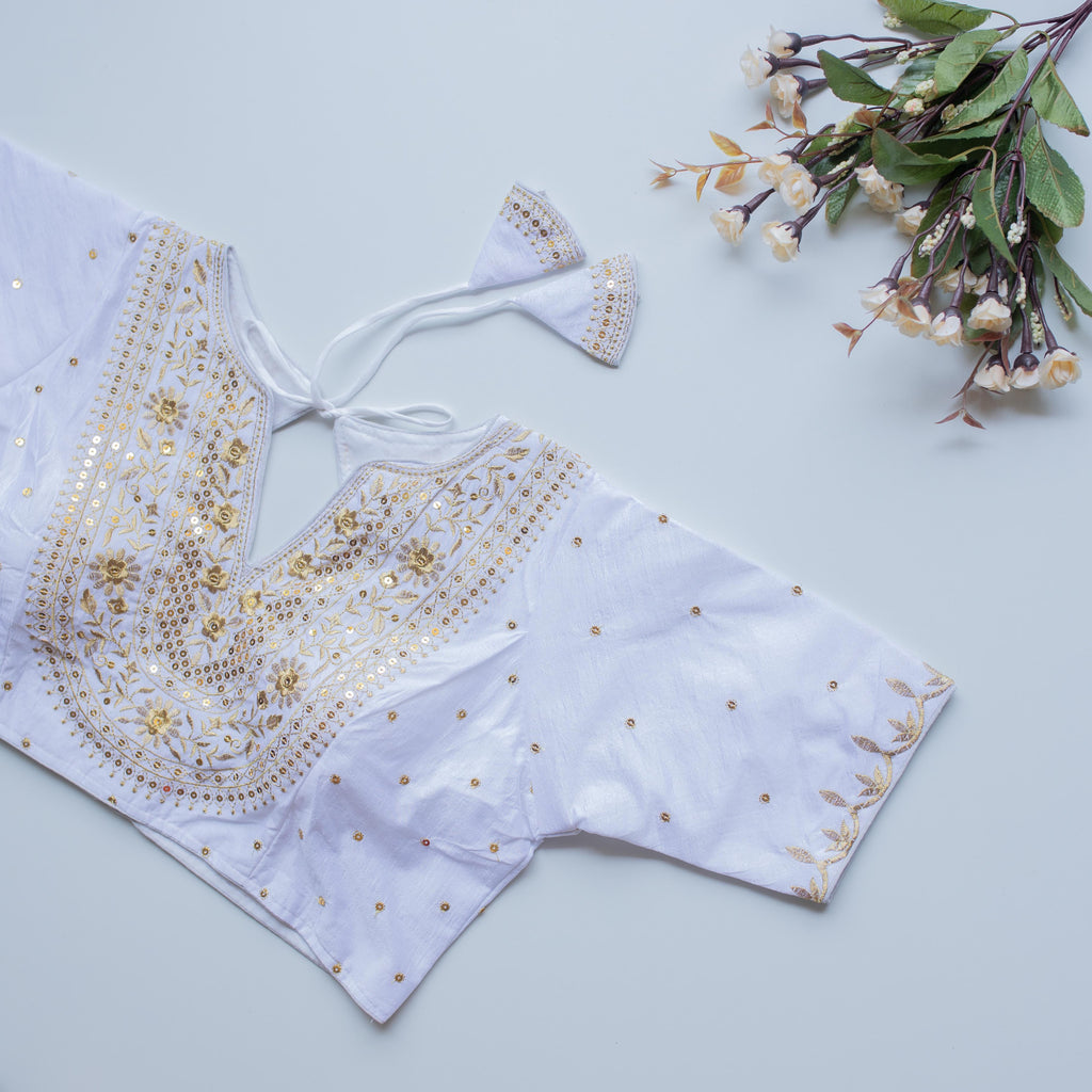 White Olive Silk Blouse with Golden Embroidery and Sequence Accents ClothsVilla