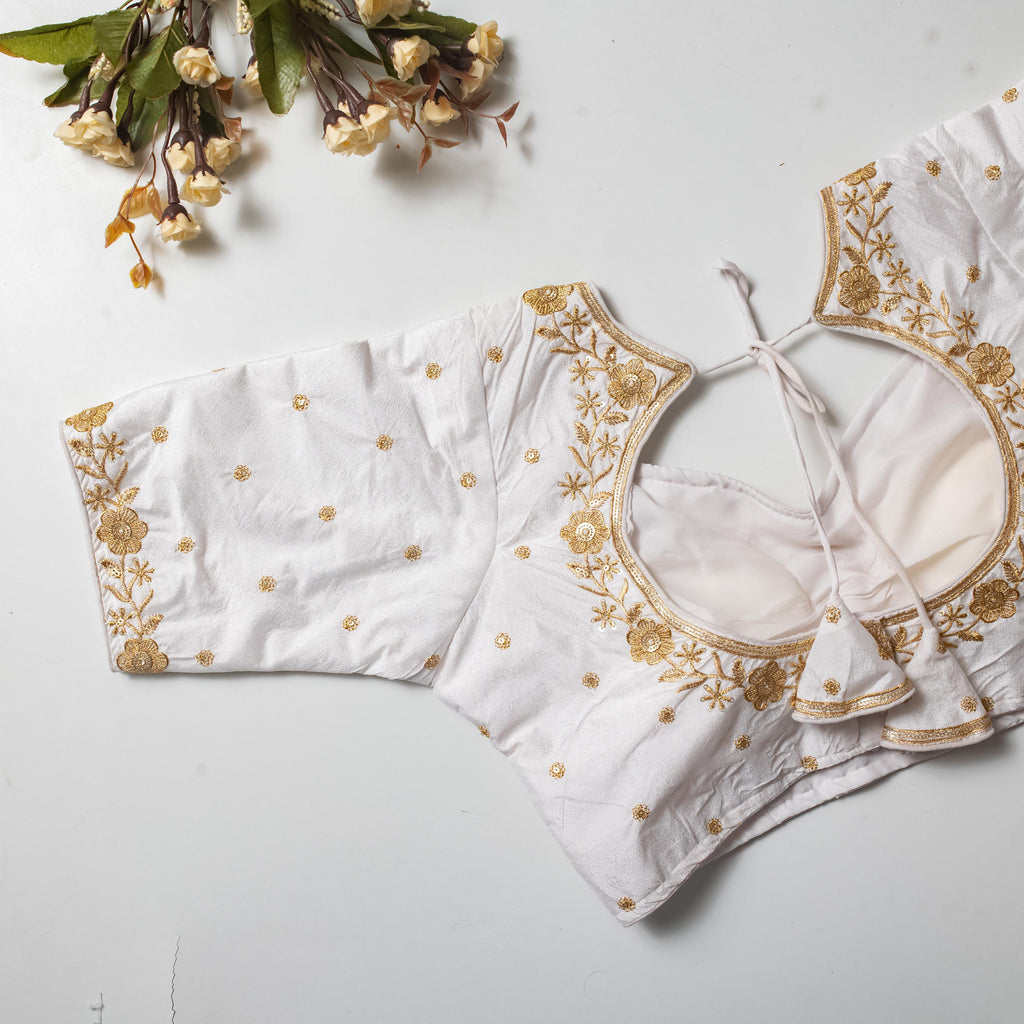 White Olive Silk Blouse with Golden Embroidery and Sequins ClothsVilla