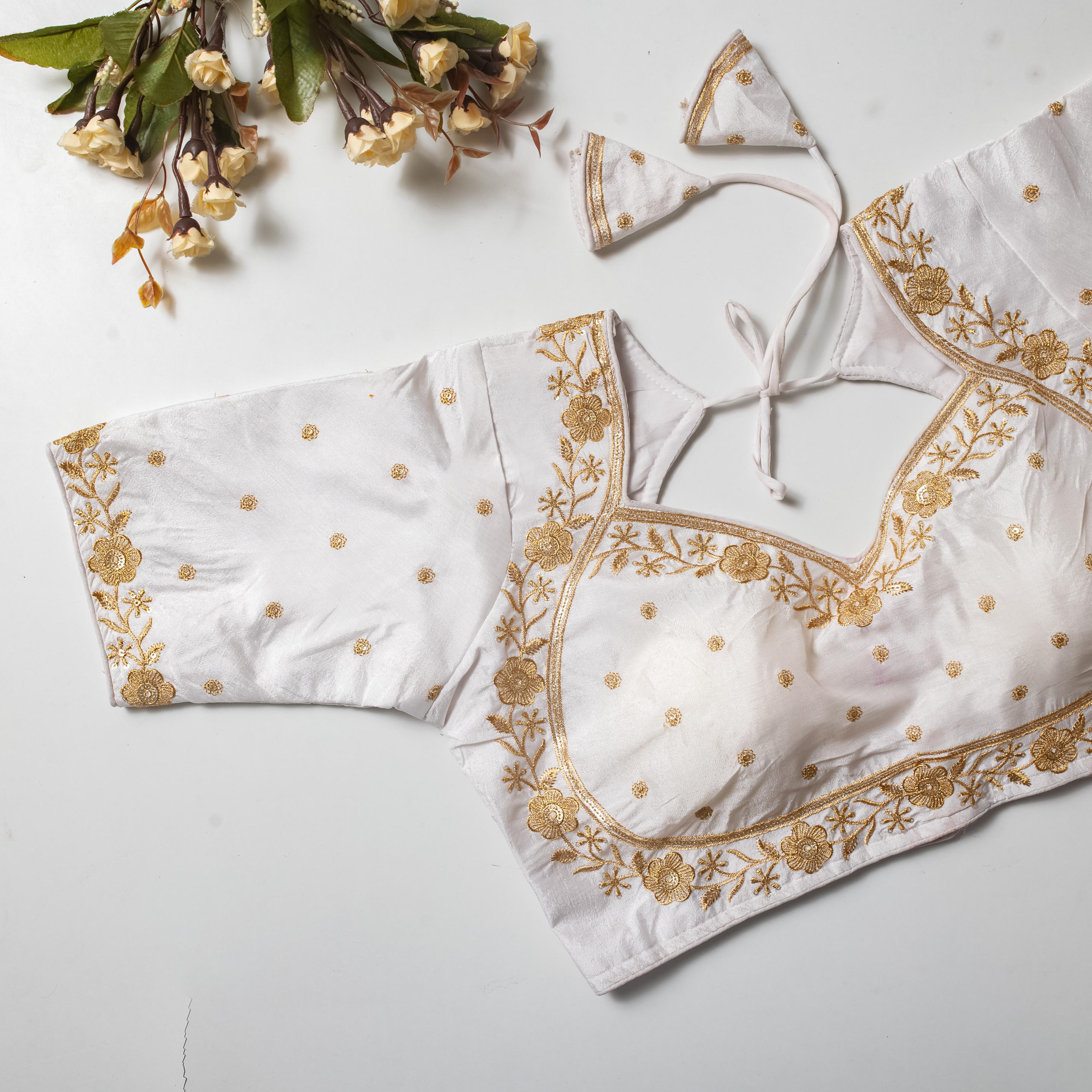 White Olive Silk Blouse with Golden Embroidery and Sequins ClothsVilla Main image