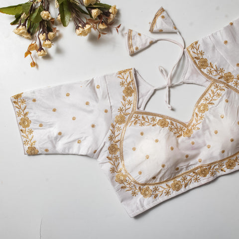 White Olive Silk Blouse with Golden Embroidery and Sequins ClothsVilla Main image