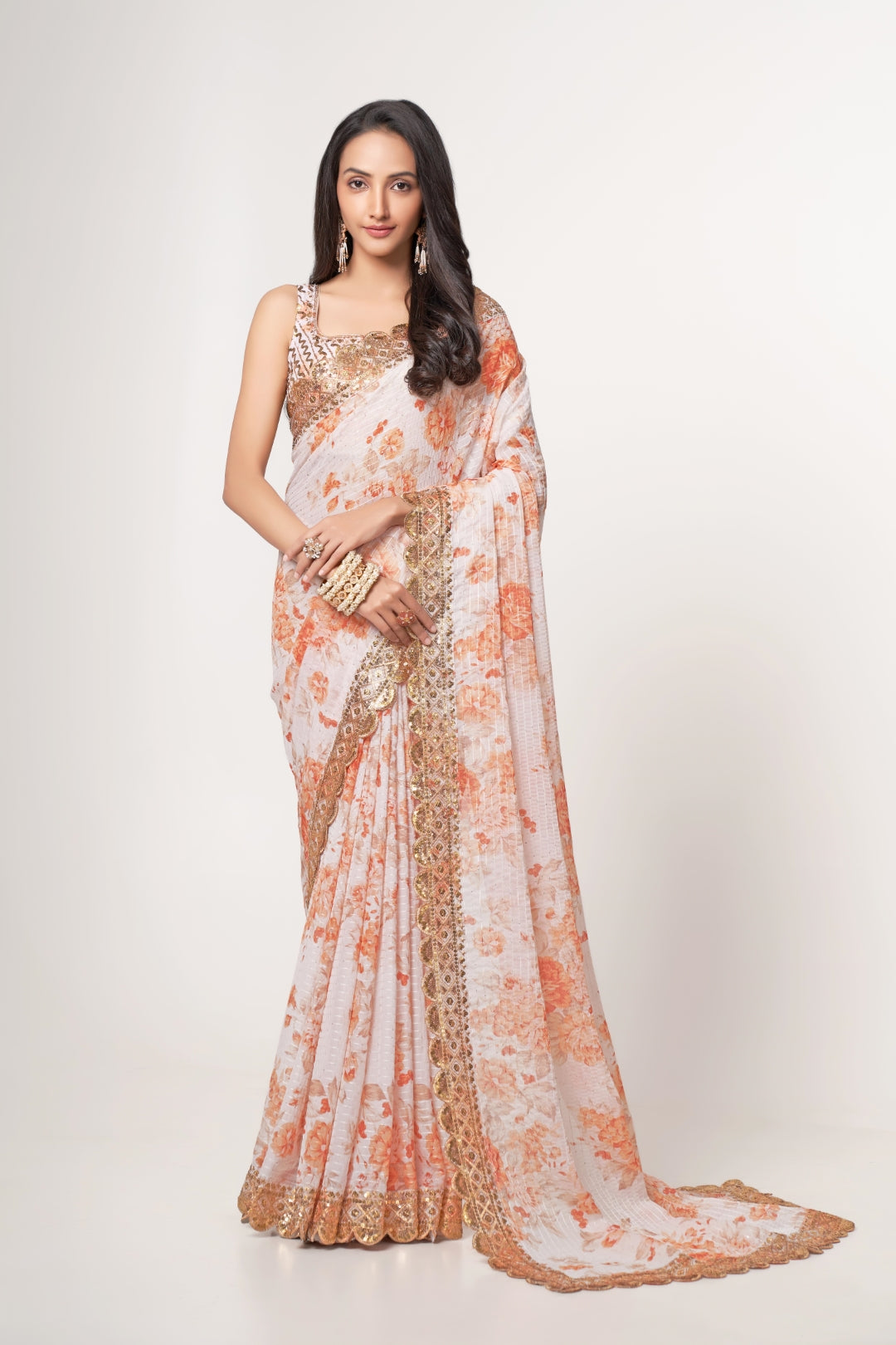 White Organza Saree with Sequin Embroidery and Digital Print ClothsVilla