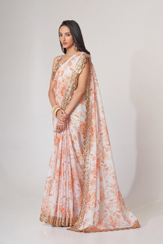White Organza Saree with Sequin Embroidery and Digital Print ClothsVilla