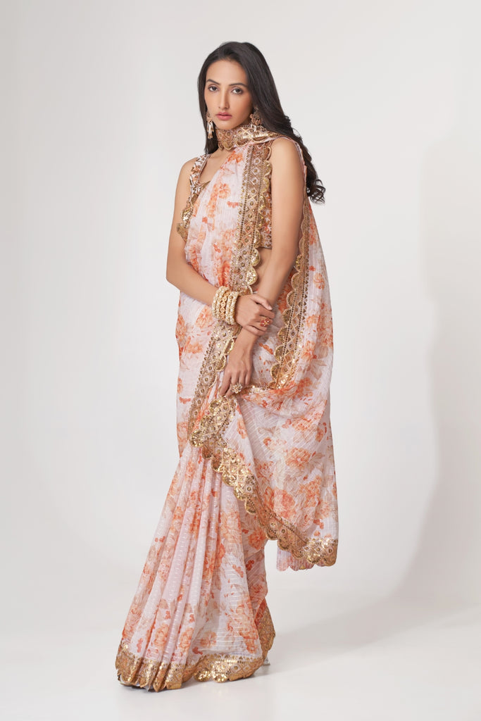 Orange Saree in Net with Sequence Work with Printed Petticoa