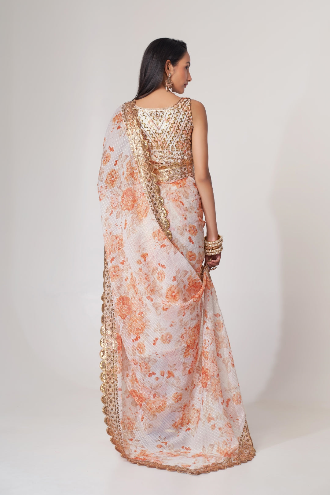 White Organza Saree with Sequin Embroidery and Digital Print ClothsVilla