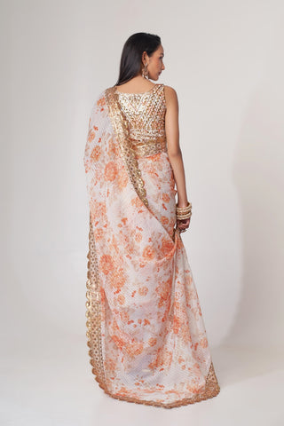 White Organza Saree with Sequin Embroidery and Digital Print ClothsVilla