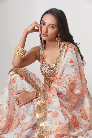 White Organza Saree with Sequin Embroidery and Digital Print ClothsVilla
