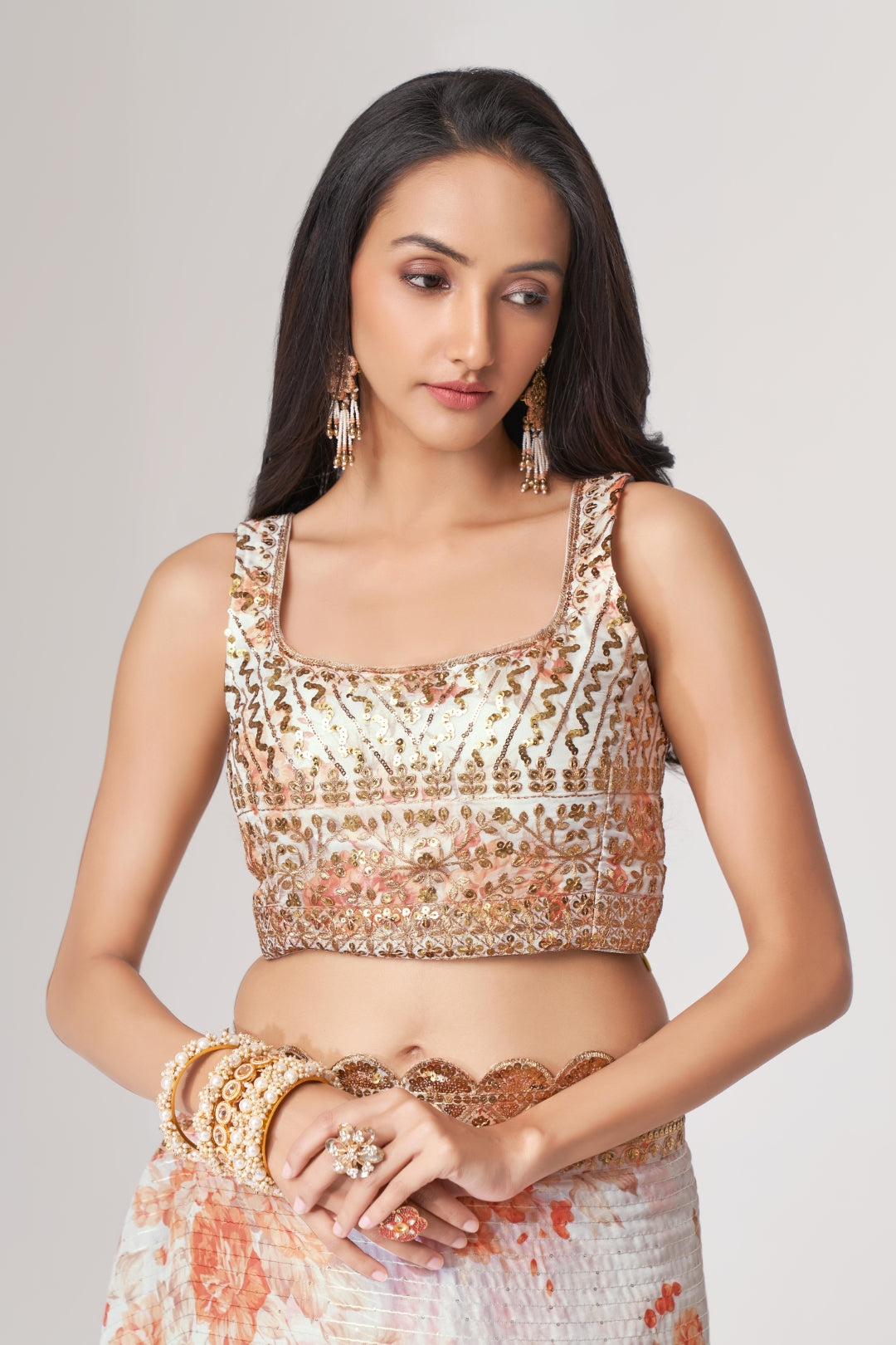 White Organza Saree with Sequin Embroidery and Digital Print ClothsVilla