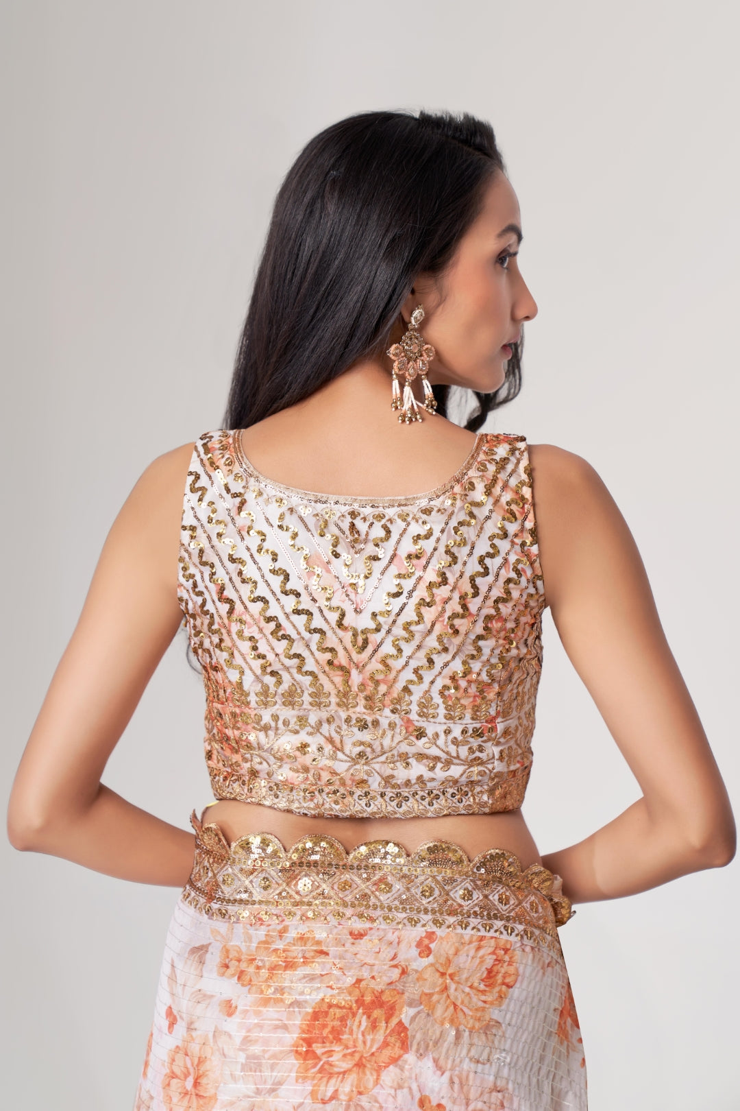 White Organza Saree with Sequin Embroidery and Digital Print ClothsVilla