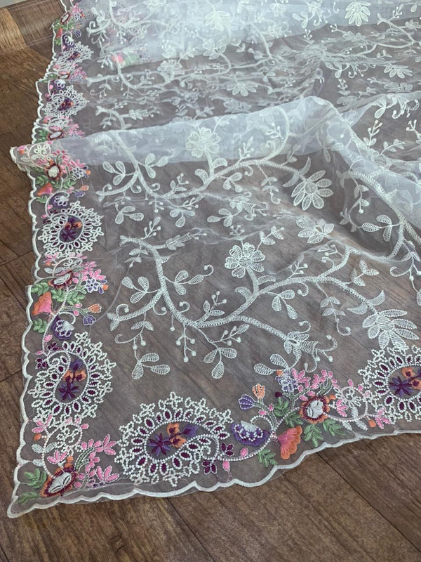 White Organza Saree with Vibrant 6-Color Thread Embroidery – Paired with Elegant White Silk Blouse ClothsVilla