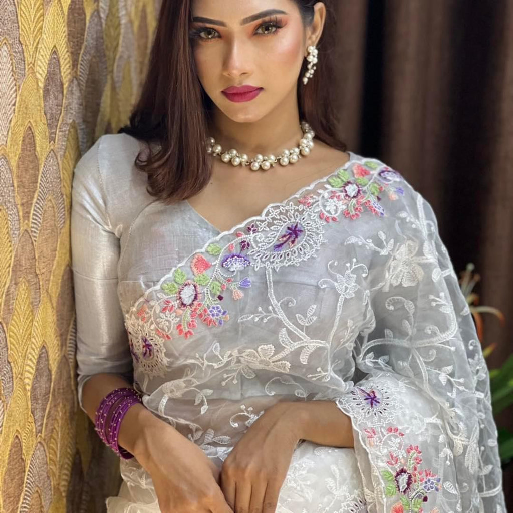 White Organza Saree with Vibrant 6-Color Thread Embroidery – Paired with Elegant White Silk Blouse ClothsVilla