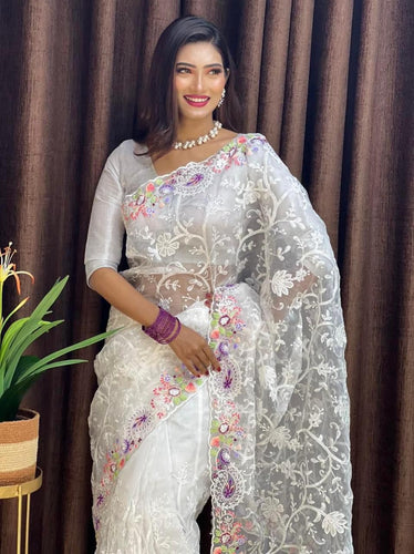 White Organza Saree with Vibrant 6-Color Thread Embroidery – Paired with Elegant White Silk Blouse ClothsVilla