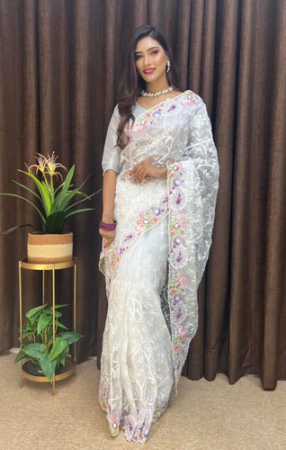 White Organza Saree with Vibrant 6-Color Thread Embroidery – Paired with Elegant White Silk Blouse ClothsVilla