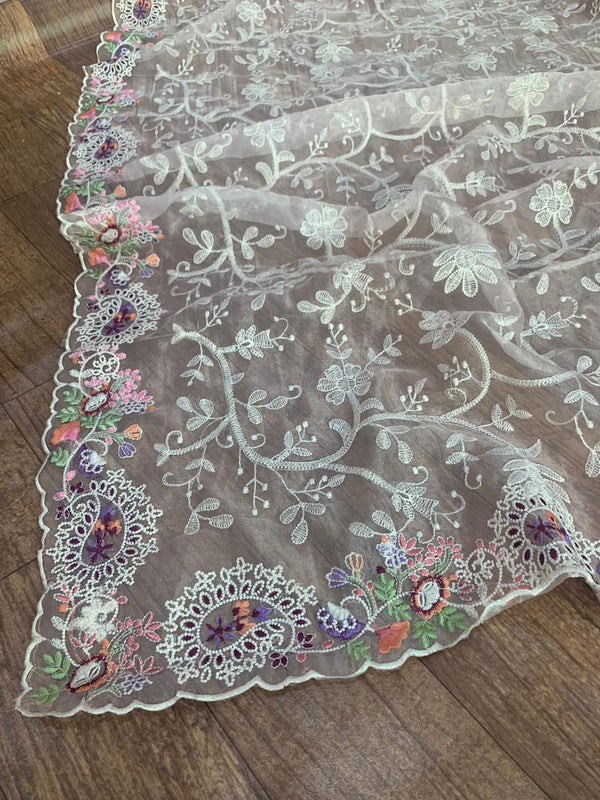 White Organza Saree with Vibrant 6-Color Thread Embroidery – Paired with Elegant White Silk Blouse ClothsVilla