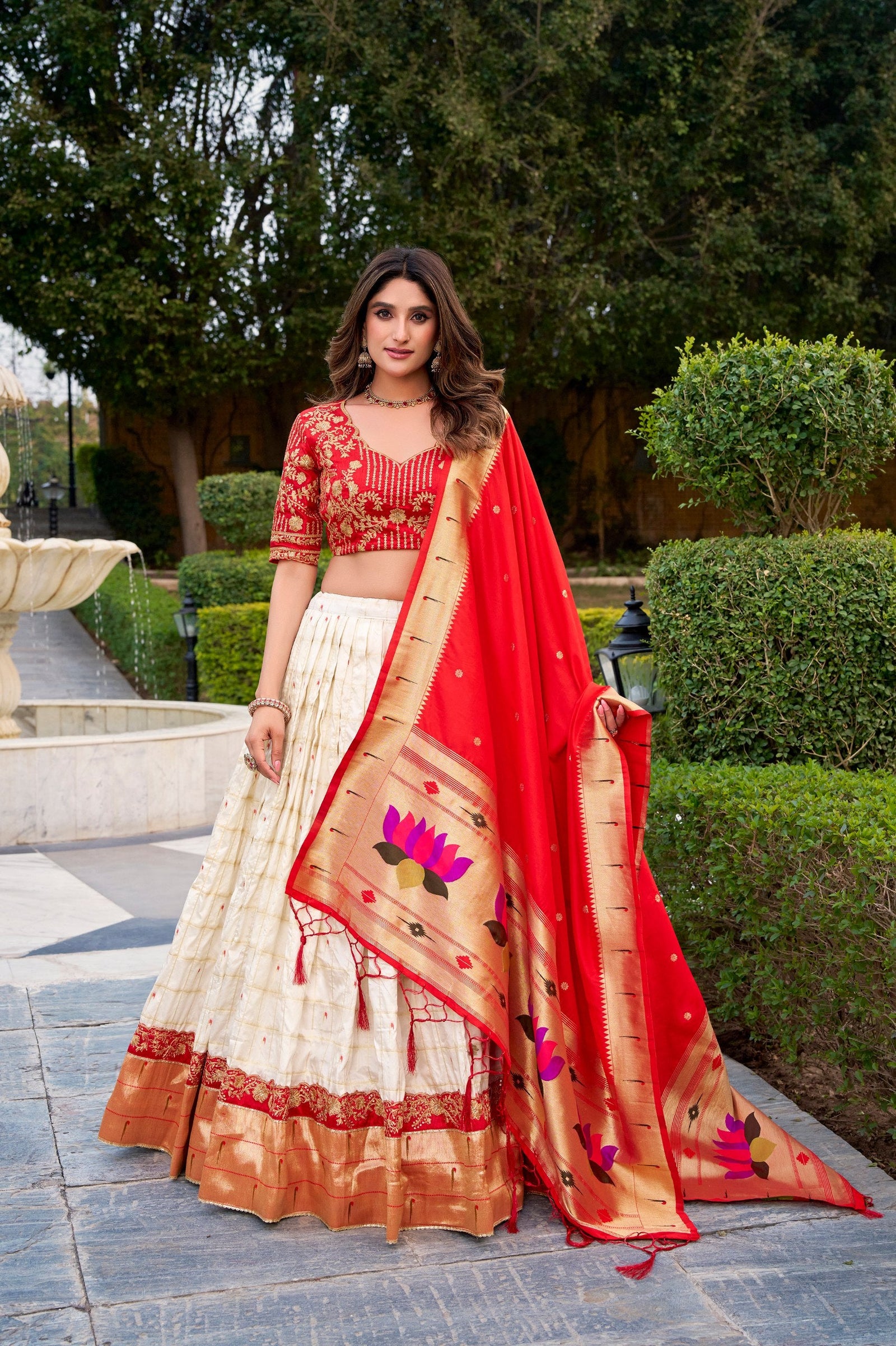 White Paithani Zari Lehenga Set with Dupatta ClothsVilla