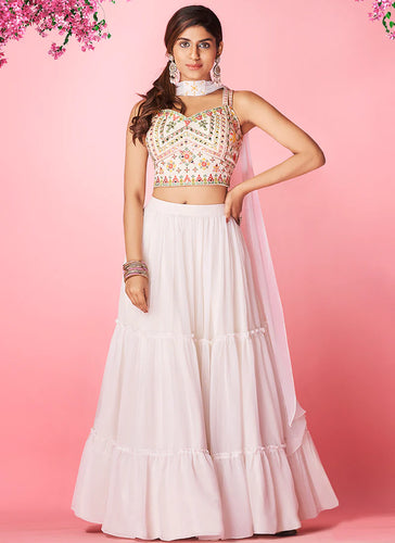White Pakistani Georgette Lehenga Choli For Indian Festival & Weddings - Thread Embroidery Work, Clothsvilla