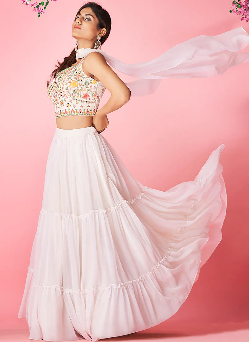 White Pakistani Georgette Lehenga Choli For Indian Festival & Weddings - Thread Embroidery Work, Clothsvilla Main image