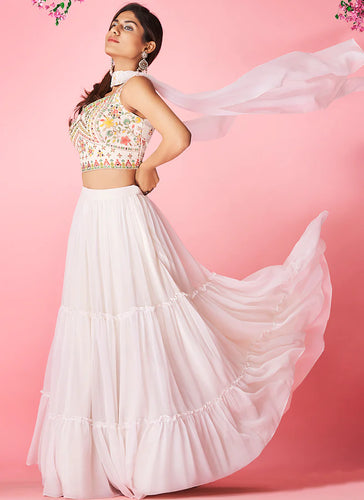 White Pakistani Georgette Lehenga Choli For Indian Festival & Weddings - Thread Embroidery Work, Clothsvilla