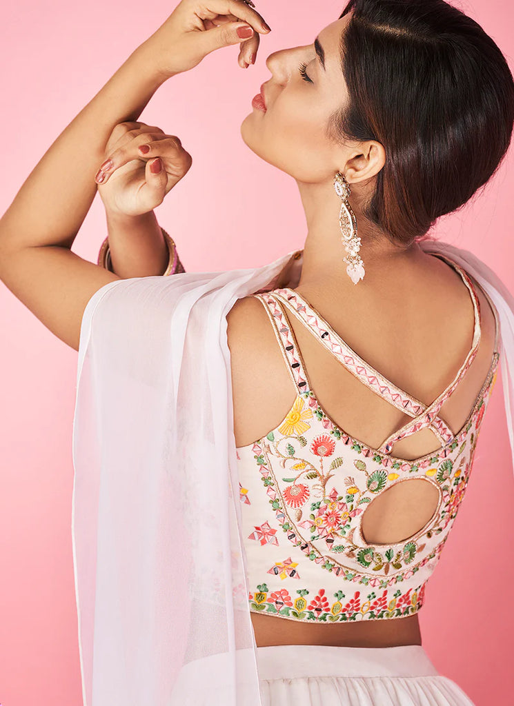 White Pakistani Georgette Lehenga Choli For Indian Festival & Weddings - Thread Embroidery Work, Clothsvilla