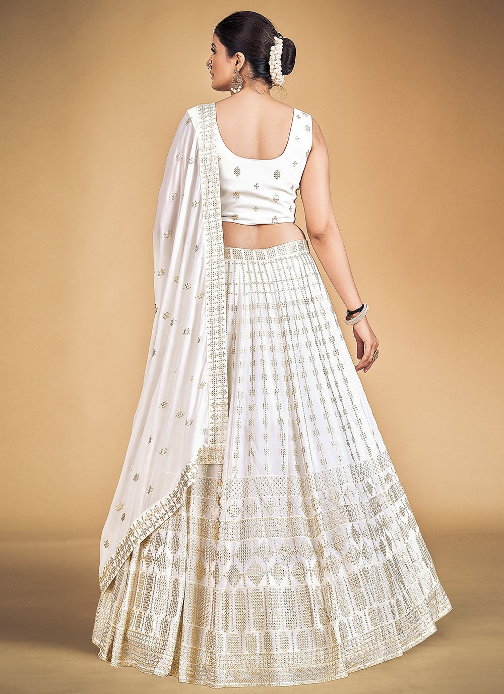 White Pakistani Georgette Lehenga Choli For Indian Festivals & Weddings - Sequence Embroidery Work, Clothsvilla