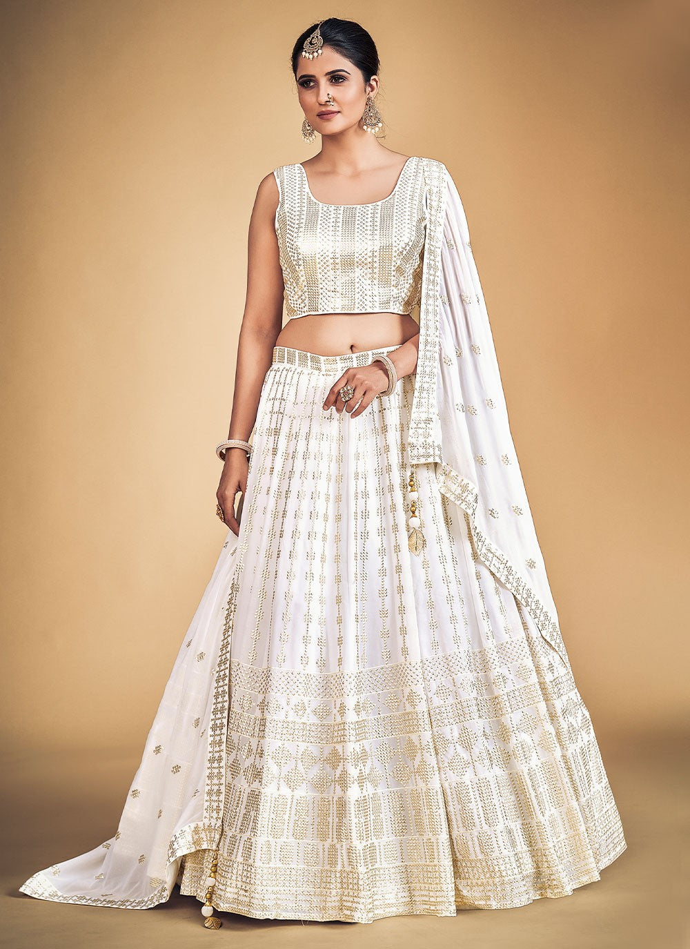 White Pakistani Georgette Lehenga Choli For Indian Festivals & Weddings - Sequence Embroidery Work, Clothsvilla Main image
