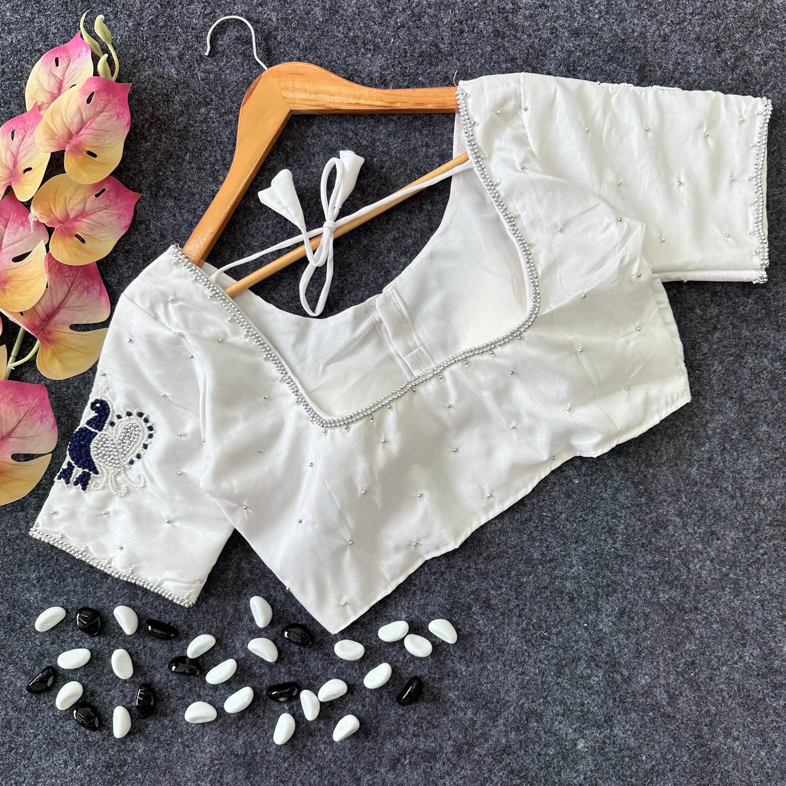 White Party Wear Blouse in Lemon Silk with Elegant Handwork and Knot Design ClothsVilla.com