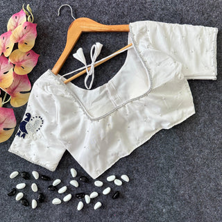 White Party Wear Blouse in Lemon Silk with Elegant Handwork and Knot Design ClothsVilla.com