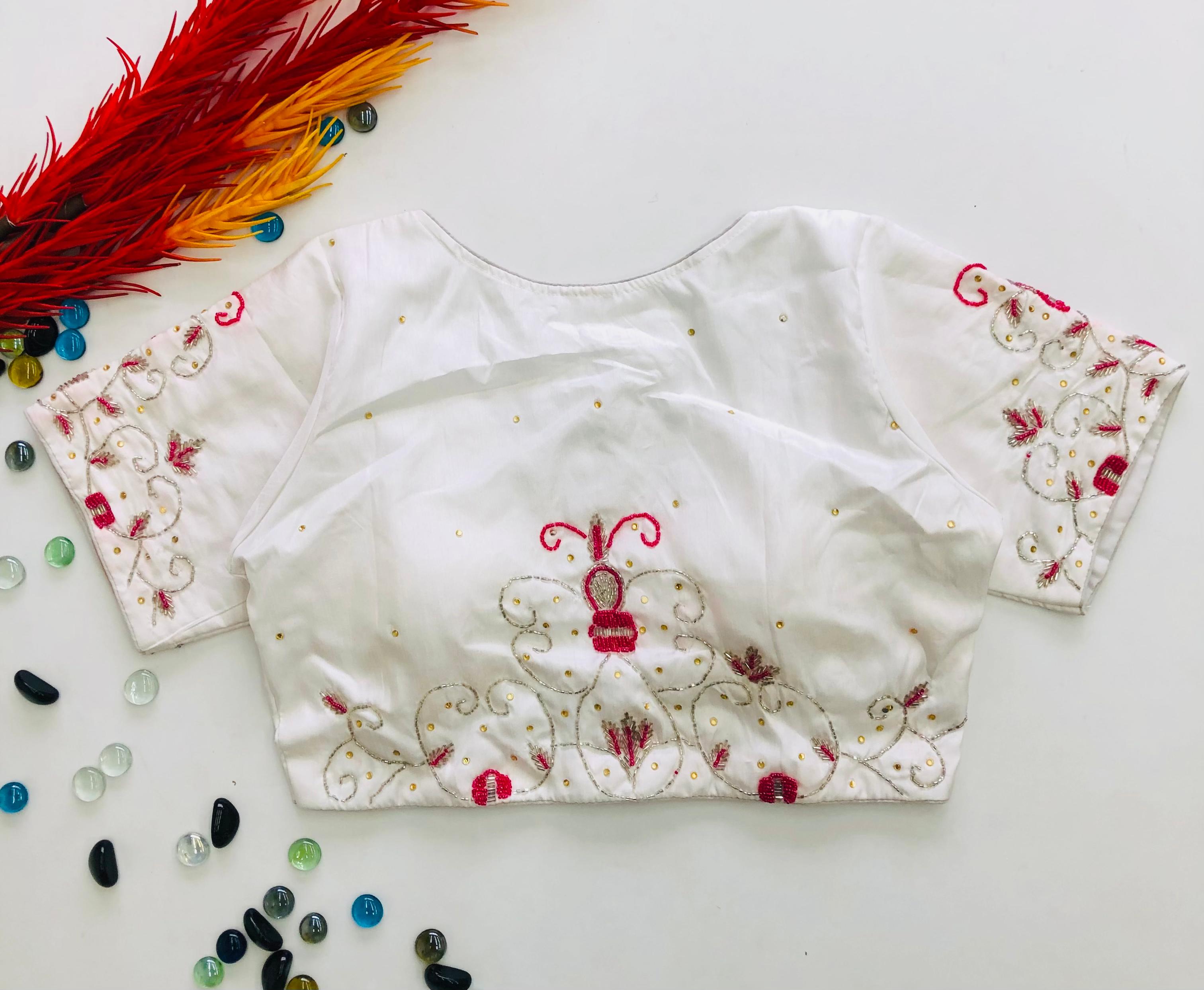 White Pearl Embroidered Keri Silk Party Wear Blouse ClothsVilla Main image