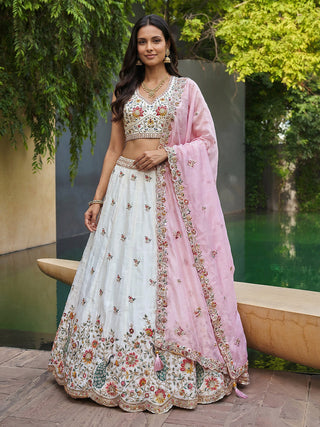 Organza Zarkan, Multi-Color Thread, Goldn Sequin Embroidered Lehenga Choli with Dupatta Clothsvilla