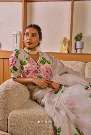 White Pink Rose Floral Organza Saree with Unstitched Blouse ClothsVilla