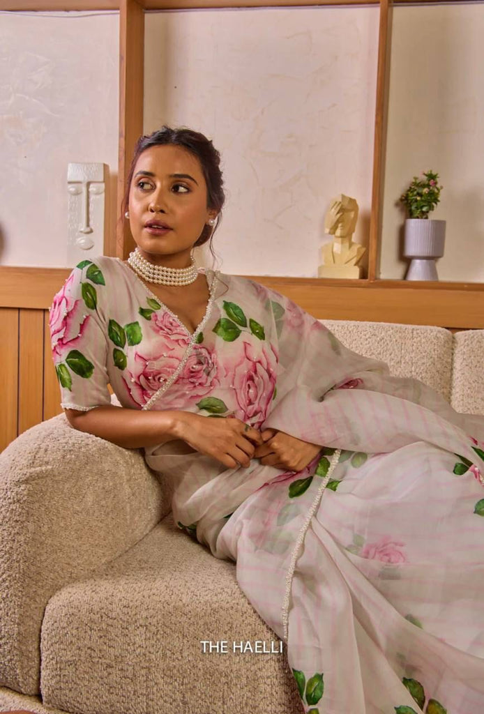 White Pink Rose Floral Organza Saree with Unstitched Blouse ClothsVilla