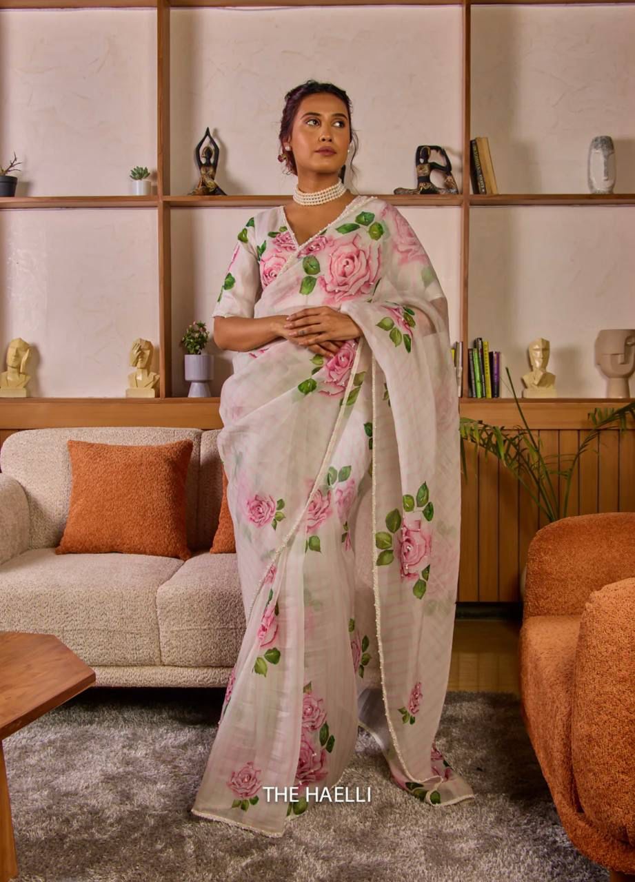 White Pink Rose Floral Organza Saree with Unstitched Blouse ClothsVilla