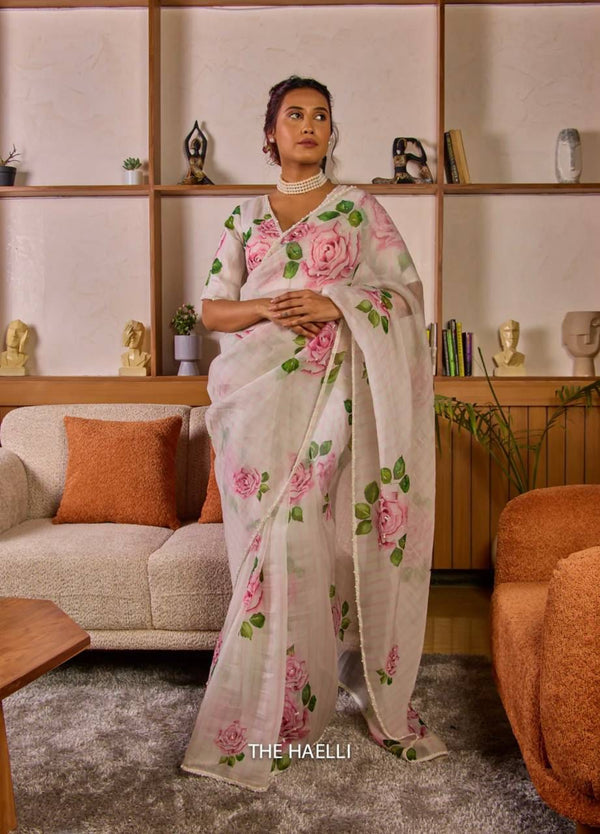 White Pink Rose Floral Organza Saree with Unstitched Blouse ClothsVilla