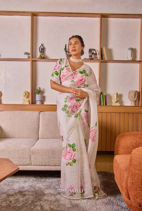 White Pink Rose Floral Organza Saree with Unstitched Blouse ClothsVilla Main image