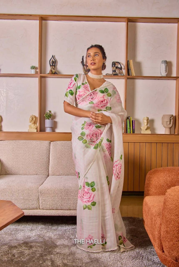 White Pink Rose Floral Organza Saree with Unstitched Blouse ClothsVilla