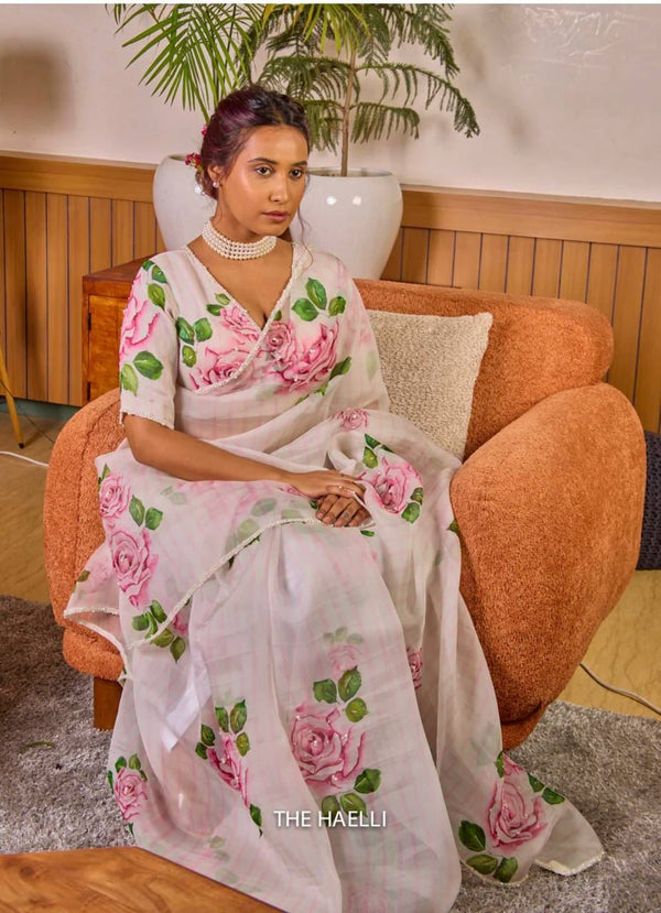 White Pink Rose Floral Organza Saree with Unstitched Blouse ClothsVilla