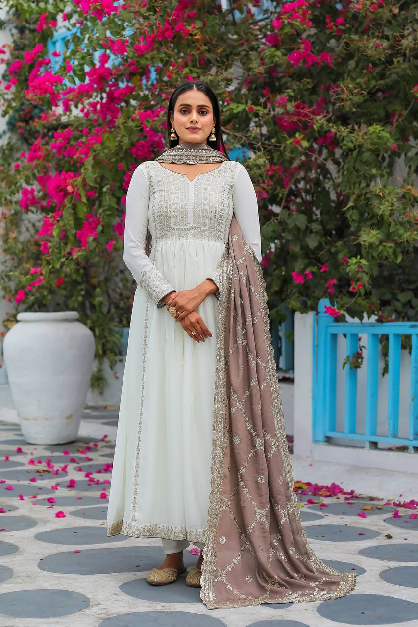 White Premium Designer Fancy Anarkali Gown Set Clothsvilla