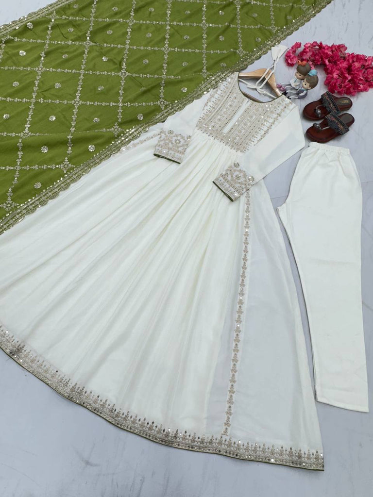 White Premium Designer Fancy Anarkali Gown Set Clothsvilla