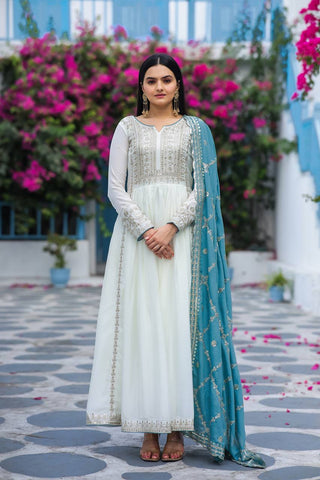 White Premium Designer Fancy Anarkali Gown Set Clothsvilla