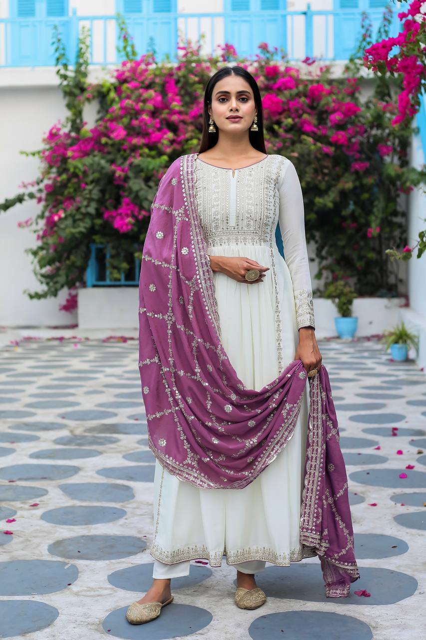 White Premium Designer Fancy Anarkali Gown Set Clothsvilla