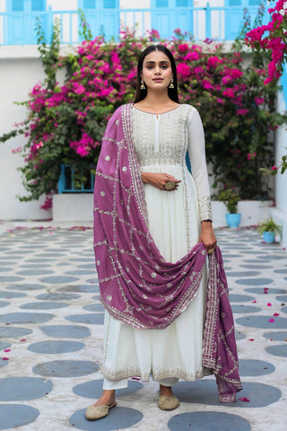 White Premium Designer Fancy Anarkali Gown Set Clothsvilla