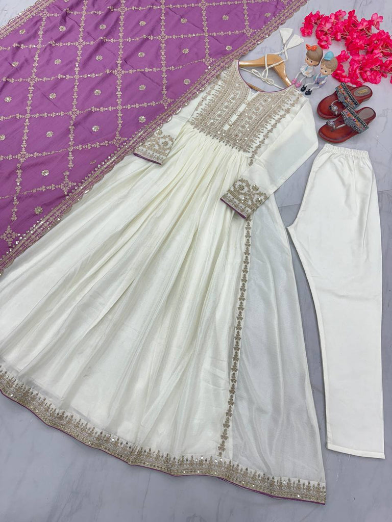 White Premium Designer Fancy Anarkali Gown Set Clothsvilla