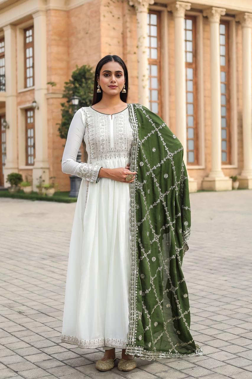White Premium Designer Fancy Anarkali Gown Set Clothsvilla