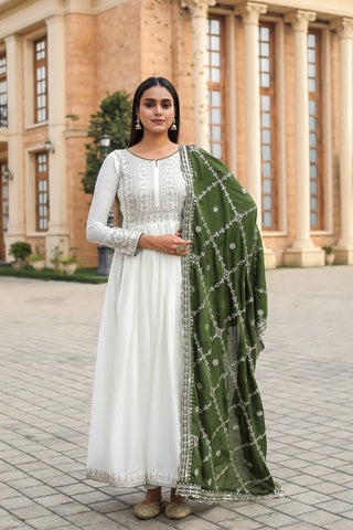 White Premium Designer Fancy Anarkali Gown Set Clothsvilla