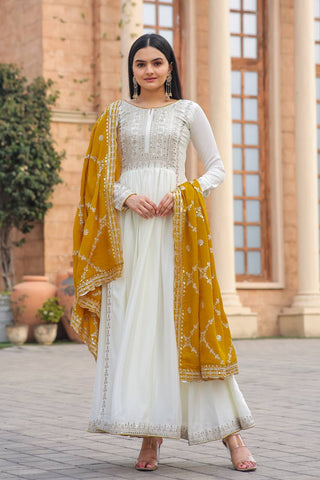 White Premium Designer Fancy Anarkali Gown Set Clothsvilla
