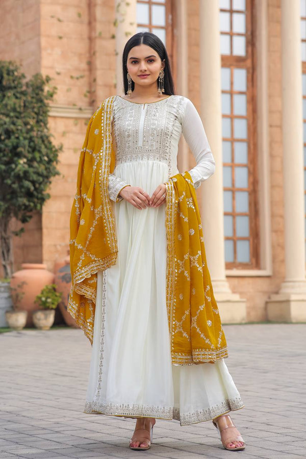 White Premium Designer Fancy Anarkali Gown Set Clothsvilla
