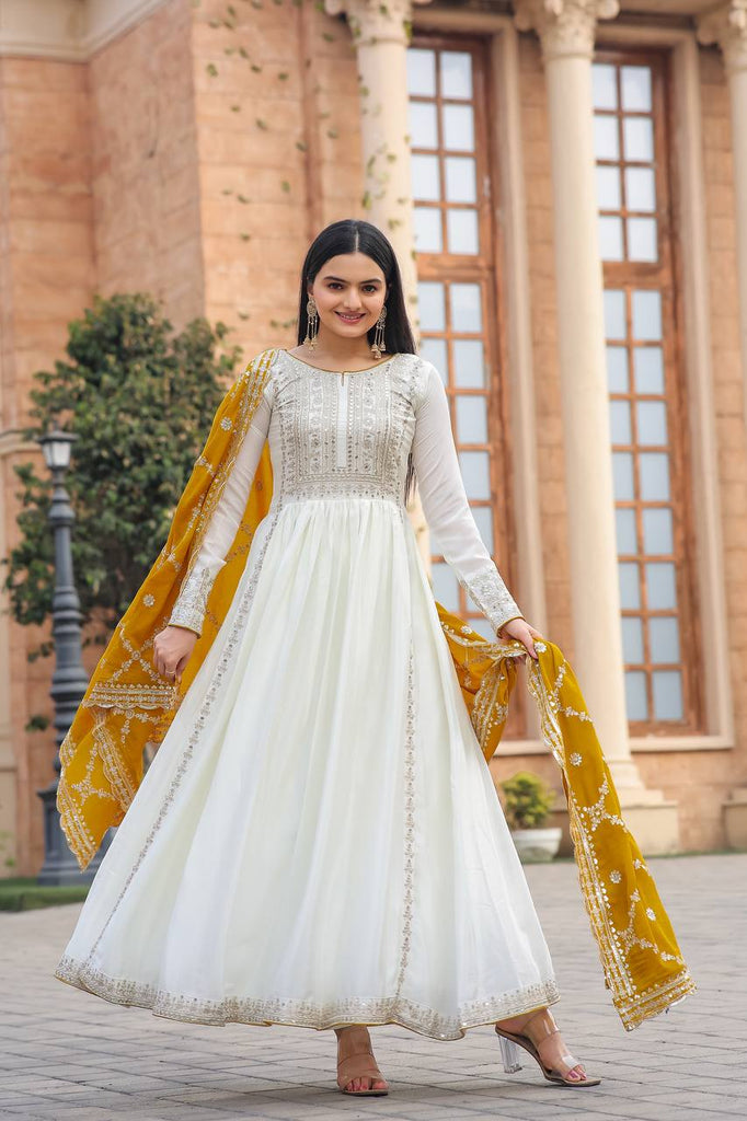 White Premium Designer Fancy Anarkali Gown Set Clothsvilla