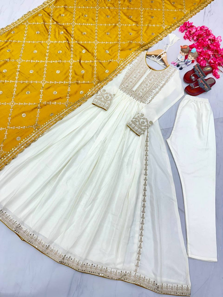 White Premium Designer Fancy Anarkali Gown Set Clothsvilla