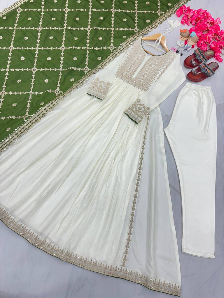 White Premium Designer Fancy Anarkali Gown Set Clothsvilla